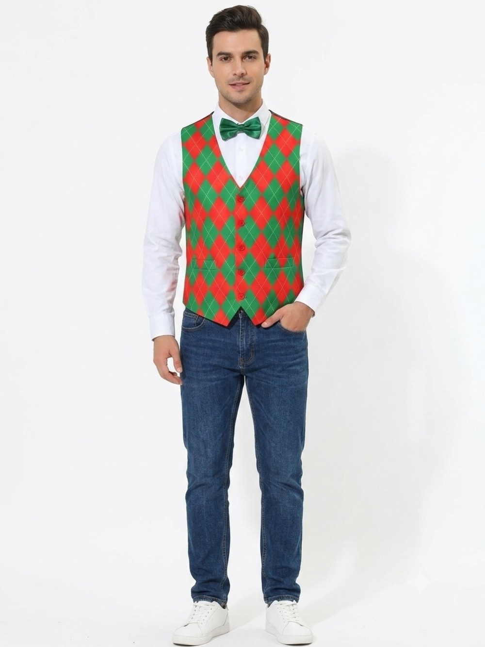 Green & Red Argyle Vest with Matching Bow Tie NWOT Size XL P2P 23 In